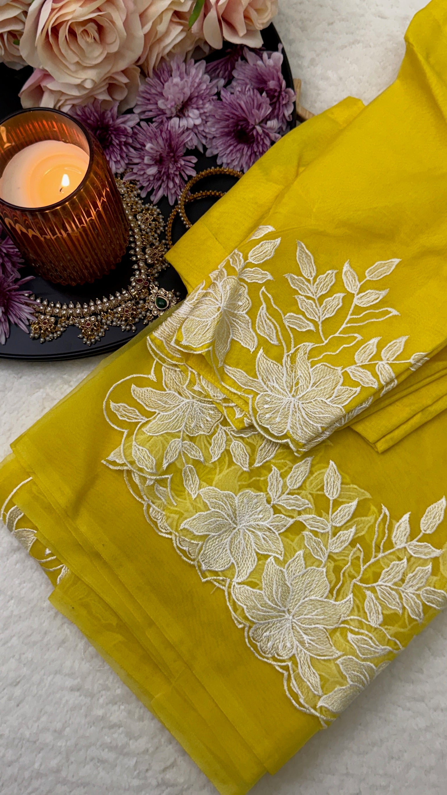 Premium Floral Organza Saree With Stitched Blouse